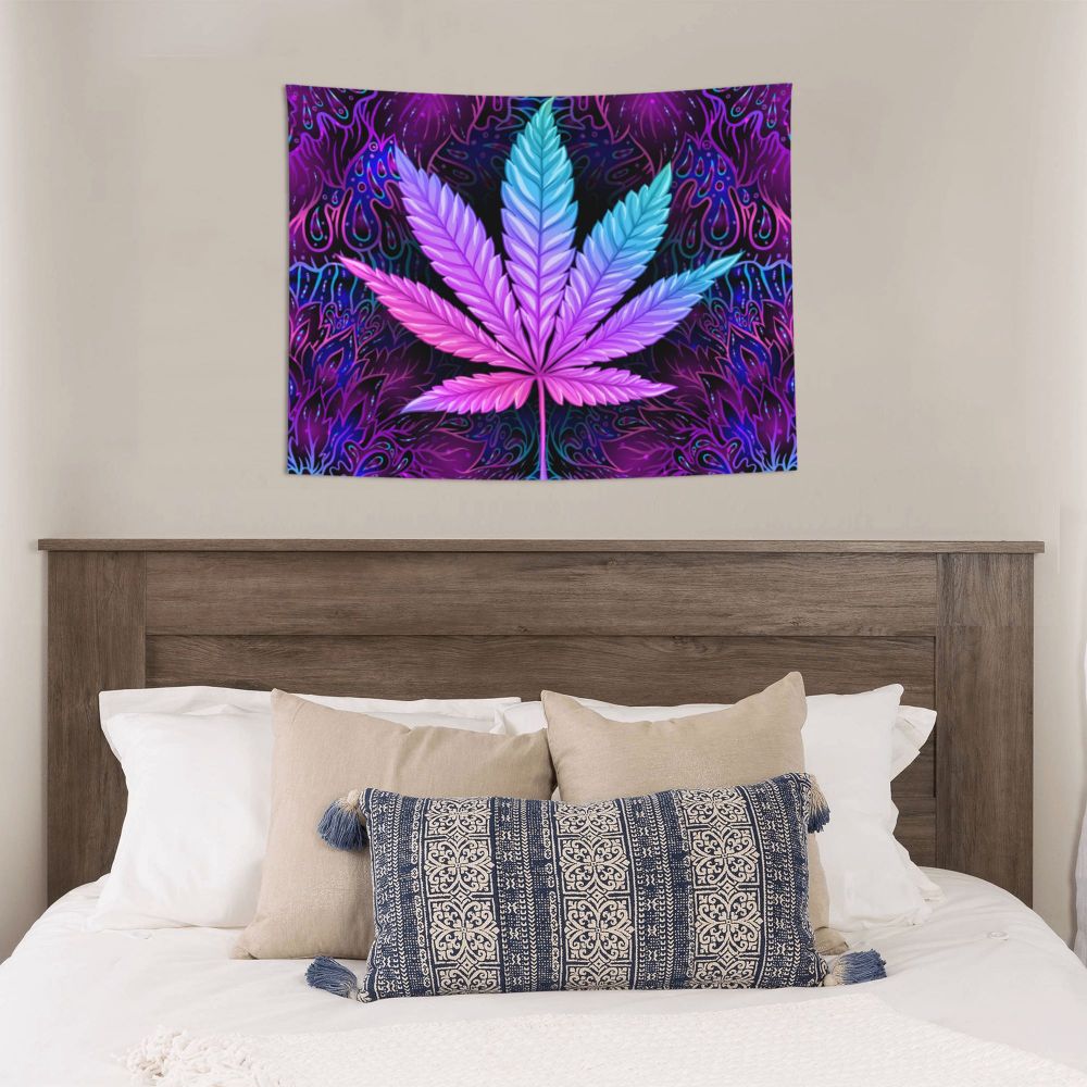 Neon Cannabis Leaves Tapestry Colorful Fabric Wall Hanging Marijuana Weed Leaf Room Decor Curtain Psychedelic Tapestries