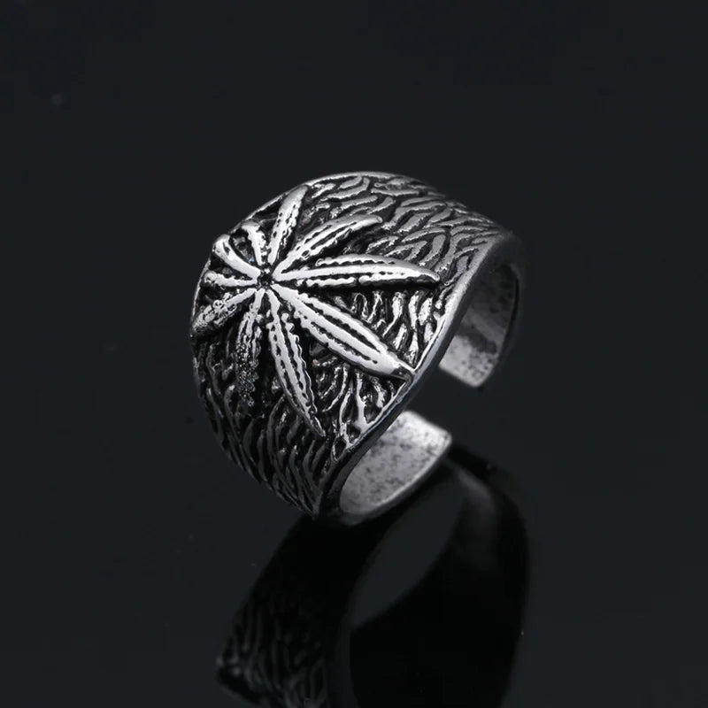 Retro Marijuana Ring For Men Silver Color Punk Gothic Maple Leaves Open Ring Handmade Designer Jewelry Unisex Accessories Gift
