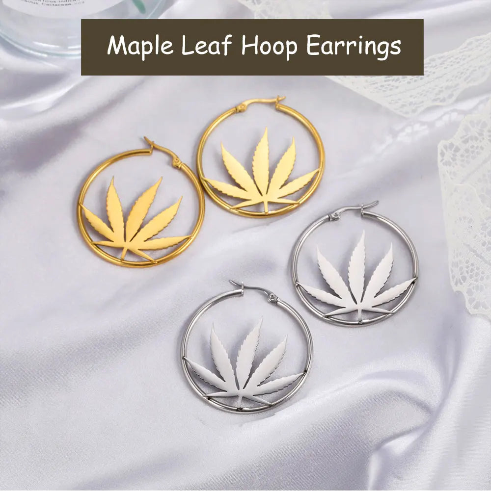 Cazador Marijuana Maple Leaf Hoop Earrings for Women Stainless Steel Drop Earrings Birthday Jewelry Gift 2025 Trending Wholesale