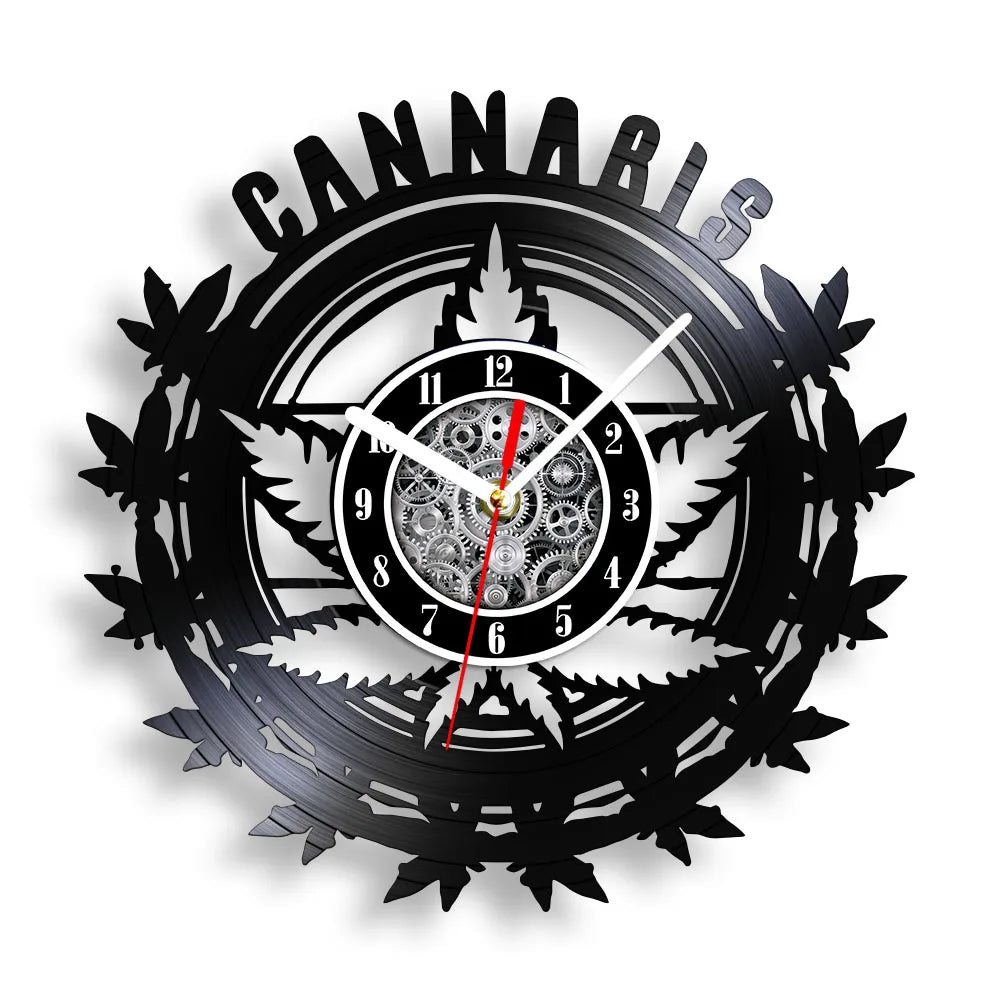 Weed Leaf Retro Music Album Wall Clock for Bedroom Man Cave Decor Weed Marijuana Leaf Carved Music Album Vinyl Record Wall Clock