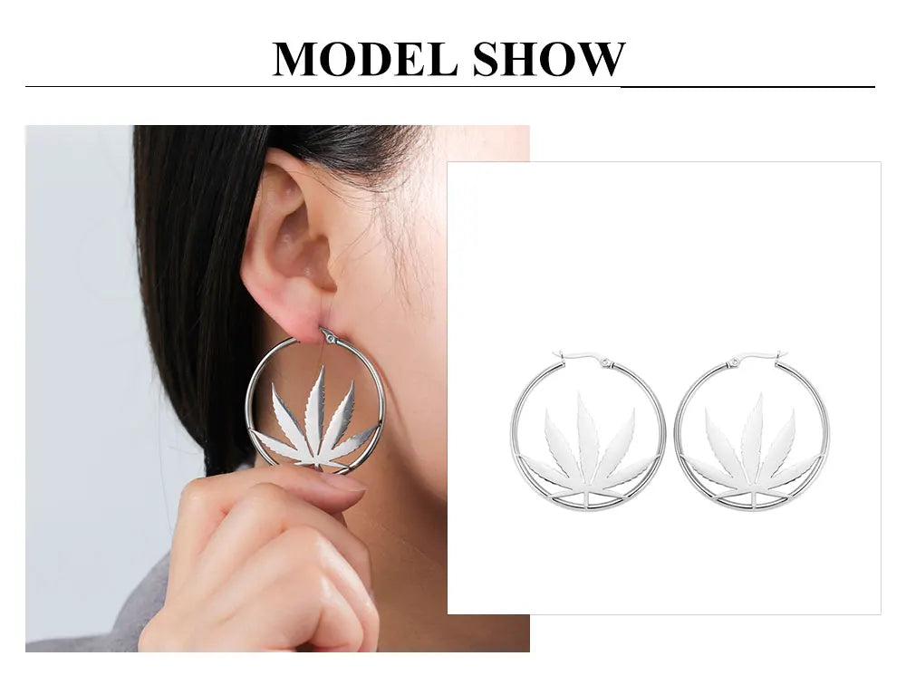 Cazador Marijuana Maple Leaf Hoop Earrings for Women Stainless Steel Drop Earrings Birthday Jewelry Gift 2025 Trending Wholesale