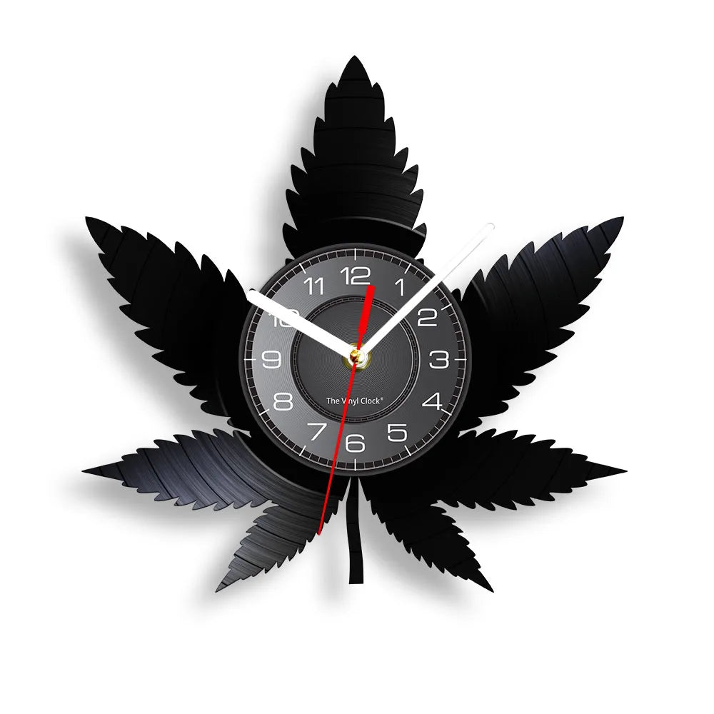 Weed Leaf Retro Music Album Wall Clock for Bedroom Man Cave Decor Weed Marijuana Leaf Carved Music Album Vinyl Record Wall Clock