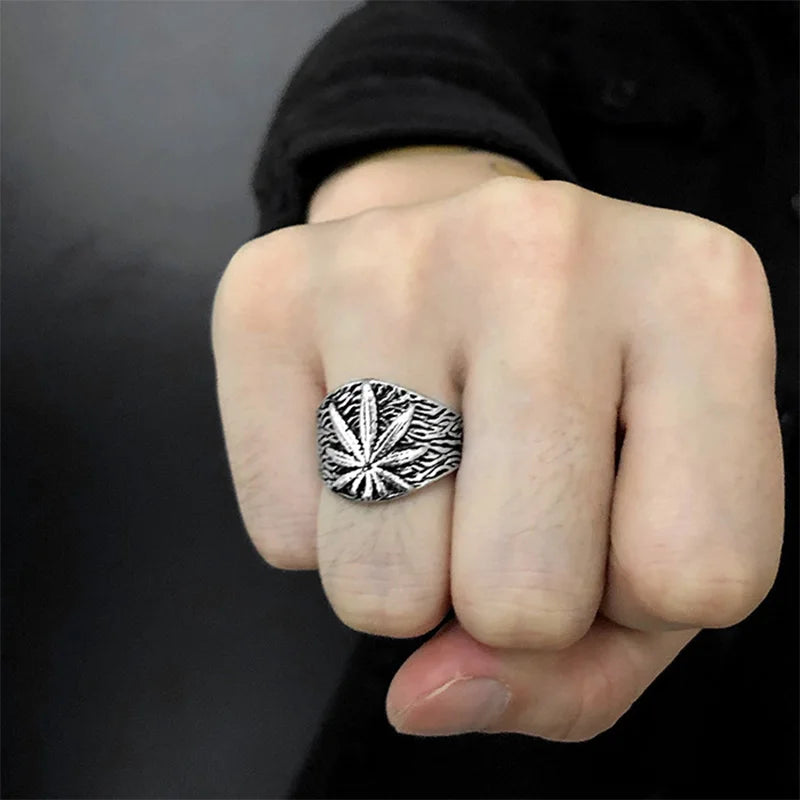 Retro Marijuana Ring For Men Silver Color Punk Gothic Maple Leaves Open Ring Handmade Designer Jewelry Unisex Accessories Gift