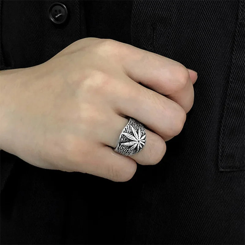 Retro Marijuana Ring For Men Silver Color Punk Gothic Maple Leaves Open Ring Handmade Designer Jewelry Unisex Accessories Gift