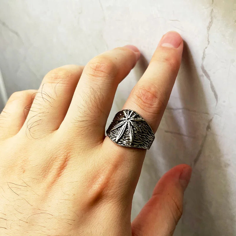 Retro Marijuana Ring For Men Silver Color Punk Gothic Maple Leaves Open Ring Handmade Designer Jewelry Unisex Accessories Gift