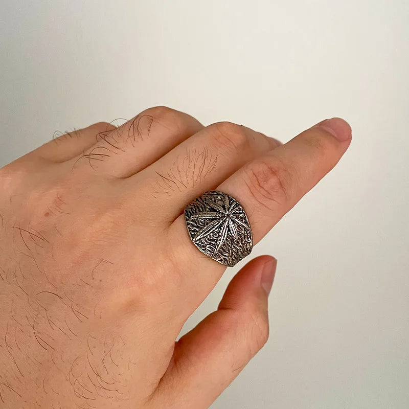 Retro Marijuana Ring For Men Silver Color Punk Gothic Maple Leaves Open Ring Handmade Designer Jewelry Unisex Accessories Gift