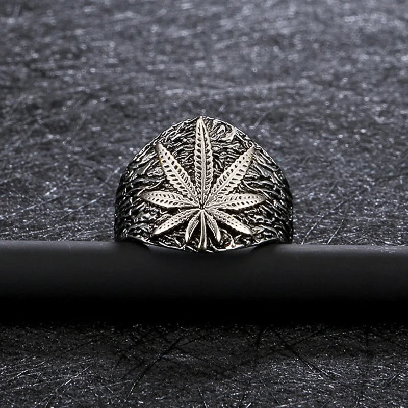 Retro Marijuana Ring For Men Silver Color Punk Gothic Maple Leaves Open Ring Handmade Designer Jewelry Unisex Accessories Gift