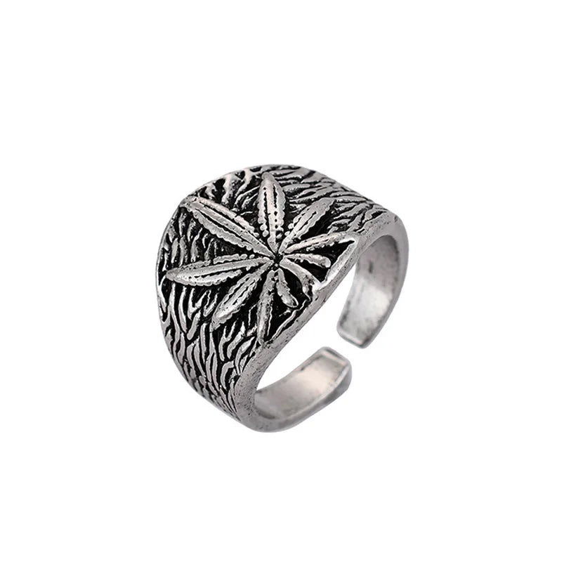 Retro Marijuana Ring For Men Silver Color Punk Gothic Maple Leaves Open Ring Handmade Designer Jewelry Unisex Accessories Gift