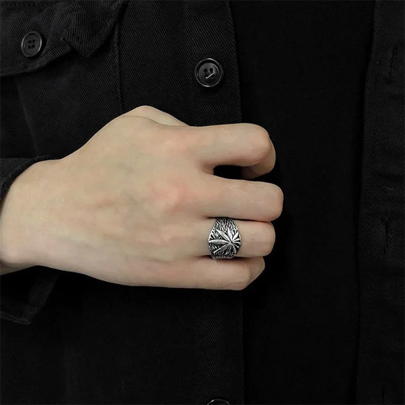 Retro Marijuana Ring For Men Silver Color Punk Gothic Maple Leaves Open Ring Handmade Designer Jewelry Unisex Accessories Gift