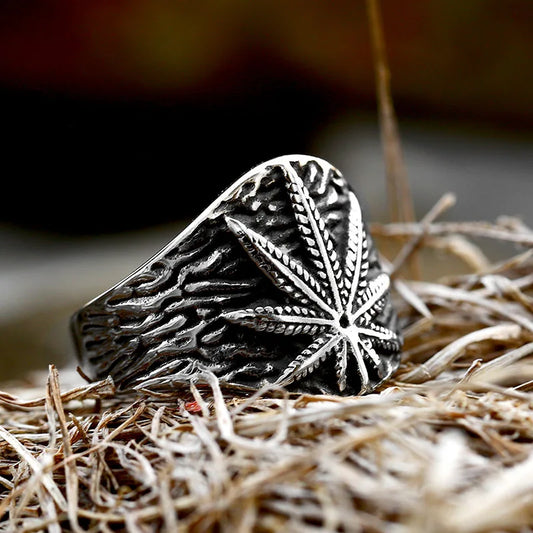 Retro Marijuana Ring For Men Silver Color Punk Gothic Maple Leaves Open Ring Handmade Designer Jewelry Unisex Accessories Gift