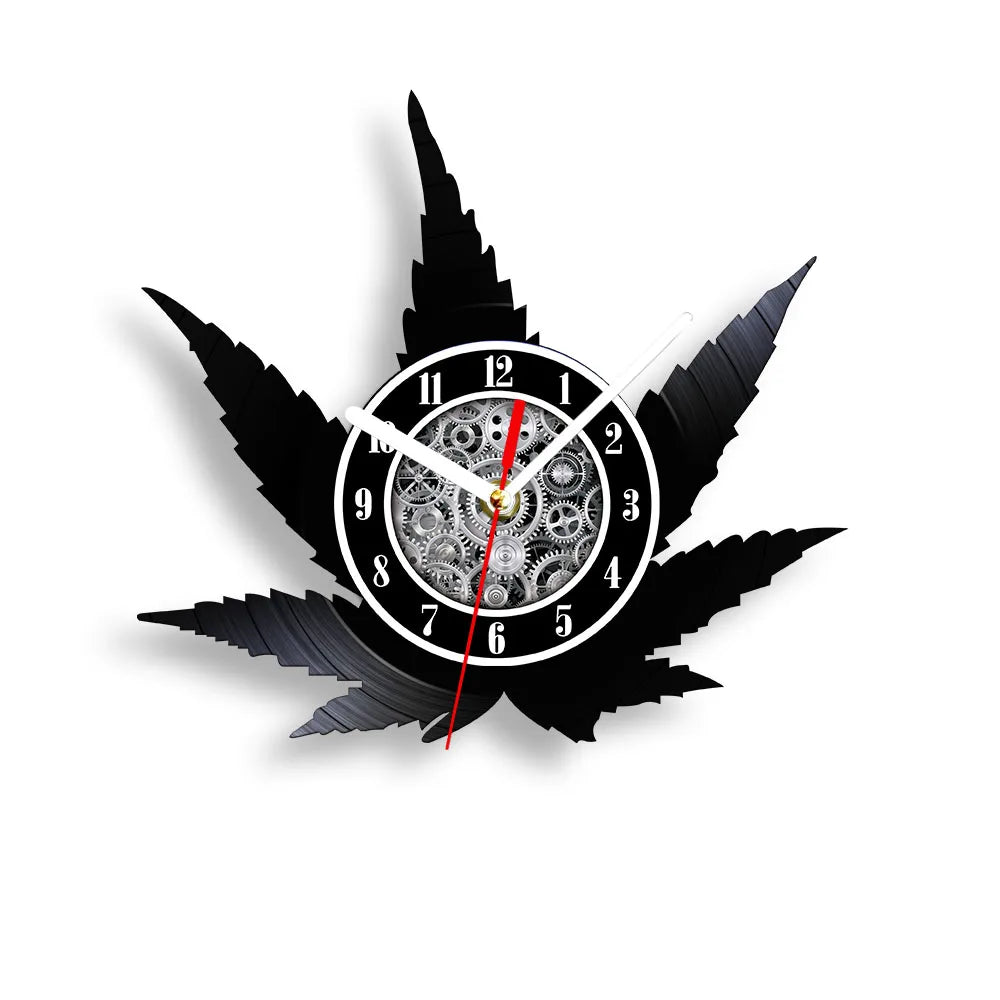 Weed Leaf Retro Music Album Wall Clock for Bedroom Man Cave Decor Weed Marijuana Leaf Carved Music Album Vinyl Record Wall Clock