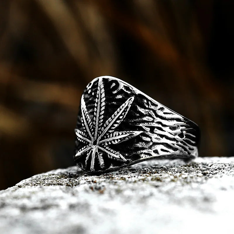 Retro Marijuana Ring For Men Silver Color Punk Gothic Maple Leaves Open Ring Handmade Designer Jewelry Unisex Accessories Gift